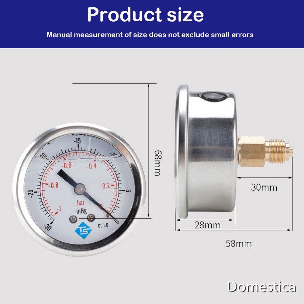 Y60 Axial Oil Injection Vacuum Pressure Barometer Hydraulic Pressure Gauge -1-0 Bar -1-1Bar -1-2 Bar Stainless Tool