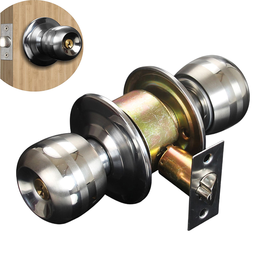1set Safety Lock Door Handle Stainless Steel Round Door Knob Rotation Lock Entrance Doorknob Lock with Key for Home Office Hotel