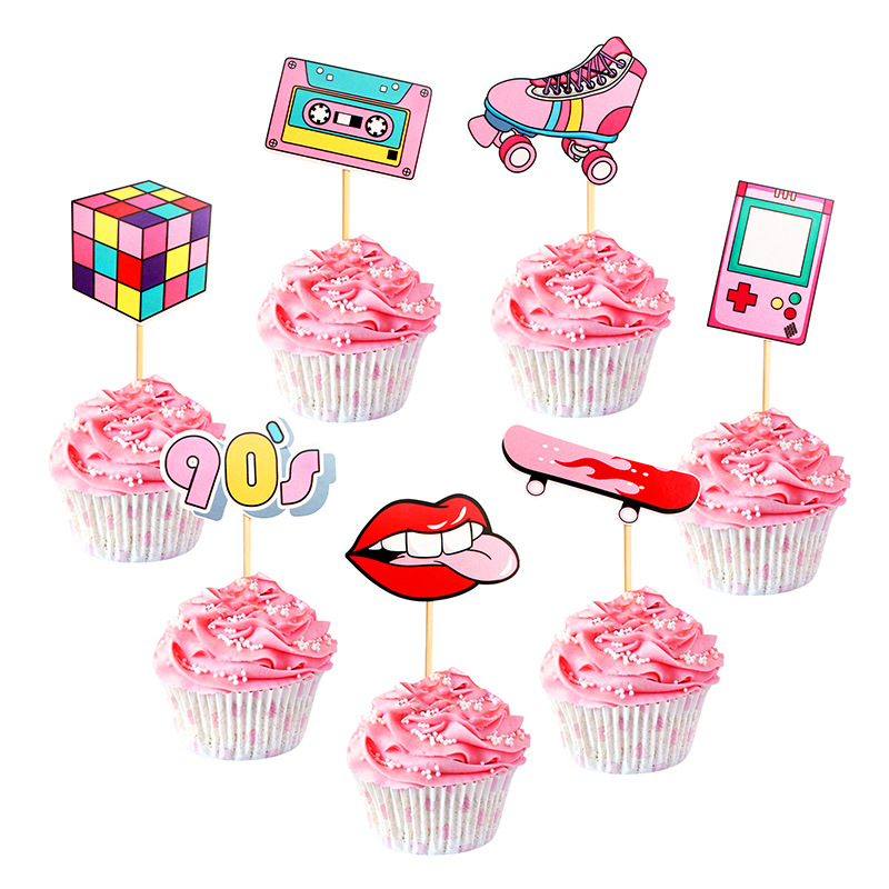7 stk 90 's hip hop kage topper pink legetøj cupcake toppers til 80s 90s festpynt tilbehør til voksen fødselsdagsfest