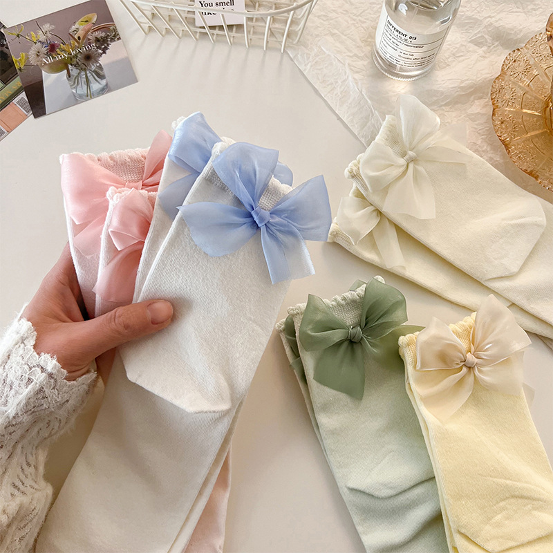 Calcetines de princesa con lazo para mujer, medias de tubo medio de Color sólido para primavera y verano, bonitos calcetines de tubo decorados con lazos,