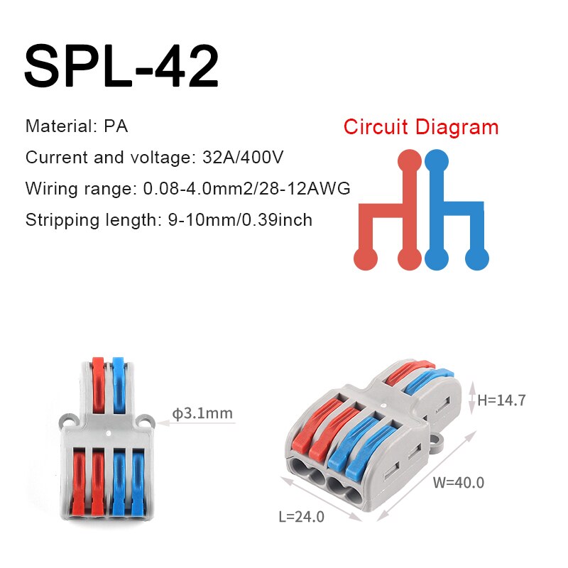 5 stk hurtig ledningssplitter splejsningsklemme spl type kompakt leder push-in ledning kabelstik med let betjeningshåndtag: Spl -42