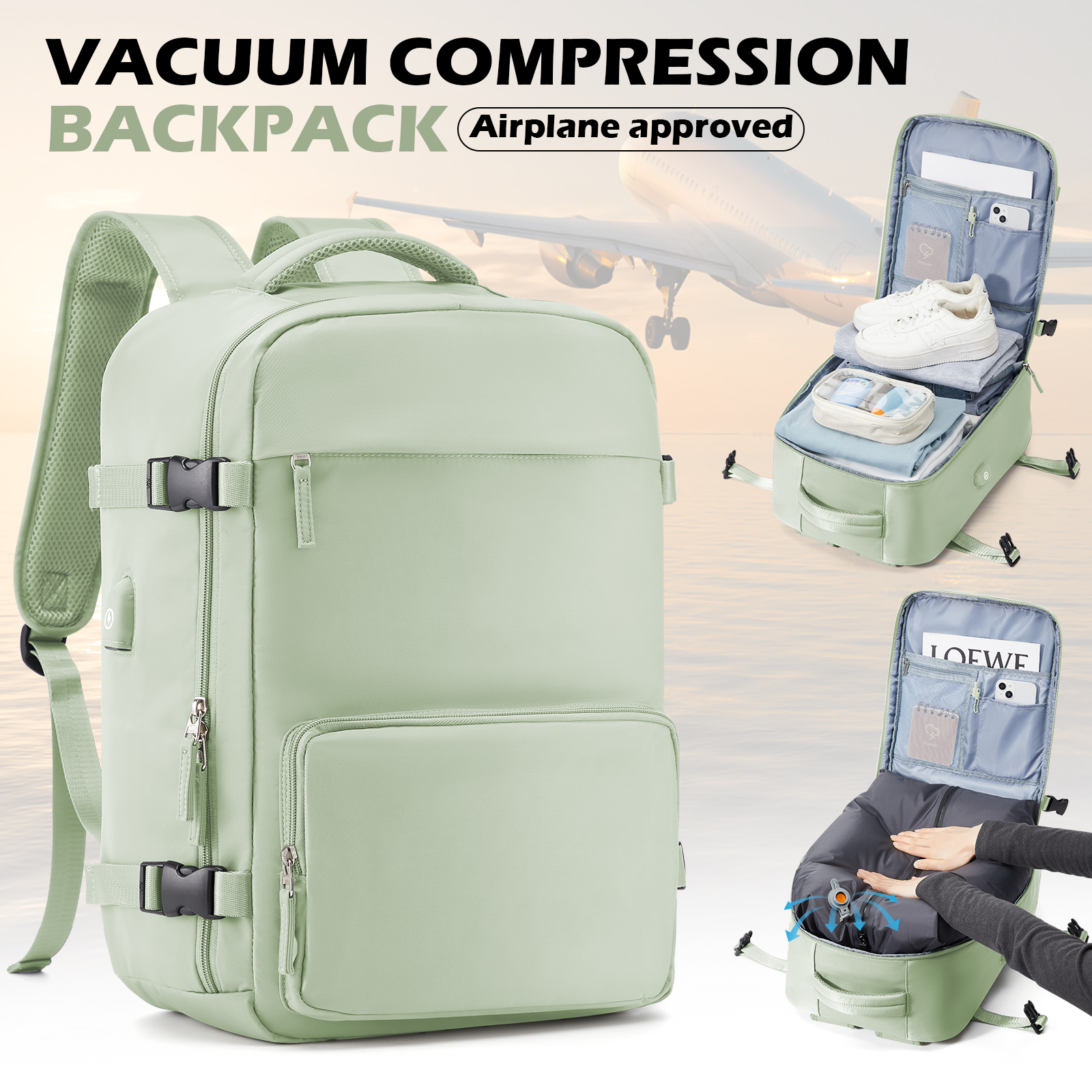 Cabin Airplane Vacuum Travel Backpack, Backpack Hand Luggage 30L Women's Men's 15.6-inch Laptop Bag Vacuum Compression Backpack: army green