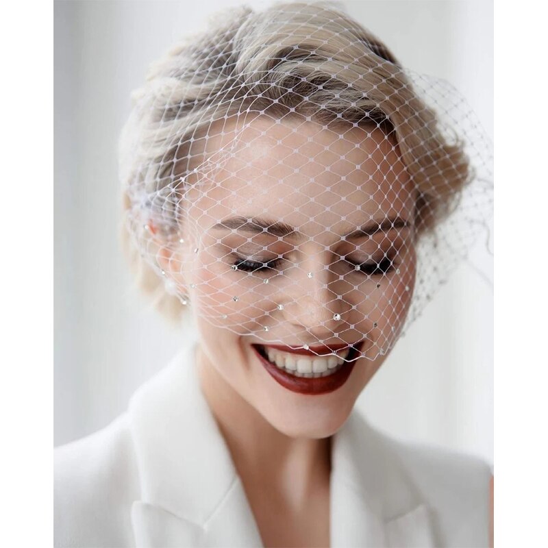 Veil for Face White Shiny Rhinestone Veil Hair Comb Charming Birdcage Veil Blusher Veil Wedding Hair Accessories Fascinators
