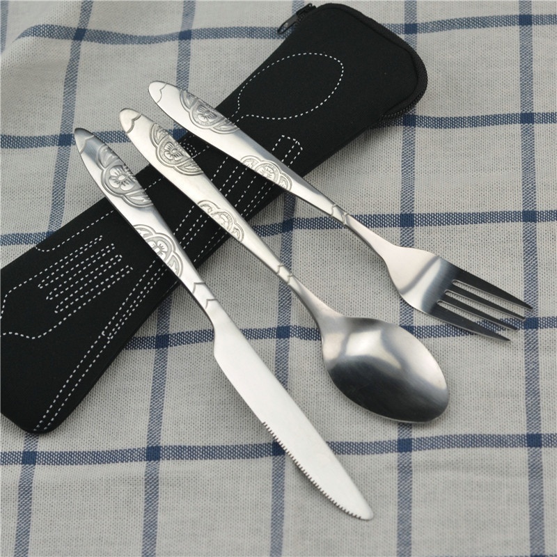 Juego de Picnic, vajilla lavable con cremallera, Kit de cubiertos de viaje, estuche, bolsa portátil para cena, herramienta doméstica, cuchara de viaje para acampar: Negro