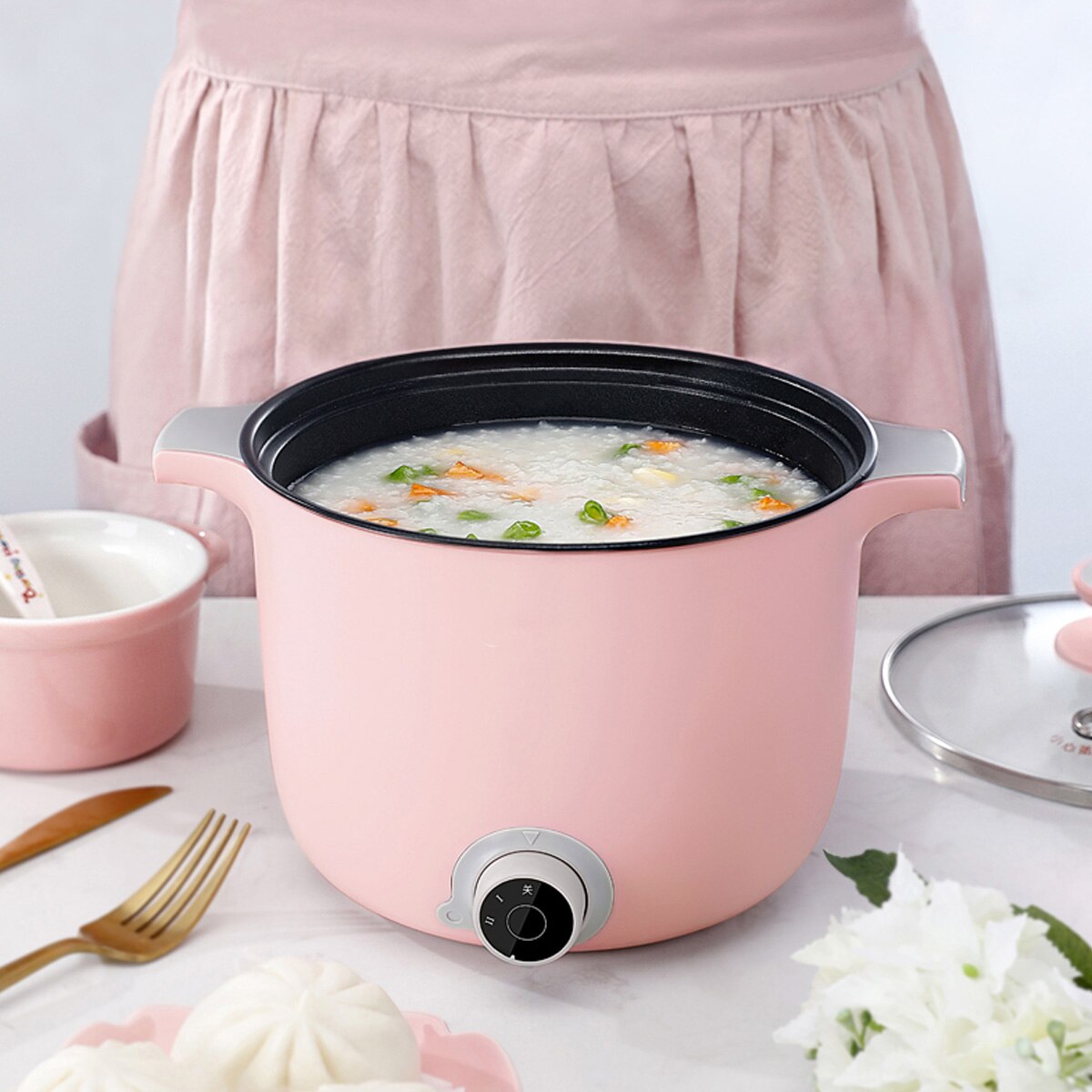Monitoiminen sähköinen paistinpannu ruostumaton teräs hotpot nuudelit riisinkeitin munahöyrystin keitto keittoastia minilämmitin pannu 1.5l: Vaaleanpunainen