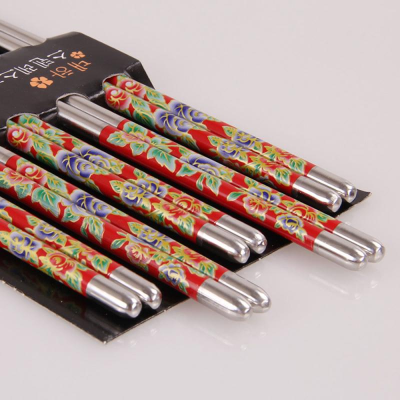 5 Pairs Rvs Eetstokjes Voedsel Stok 22.5Cm Antislip Traditionele Bloemen Patroon Multicolor Herbruikbare Stijlvolle Gezonde