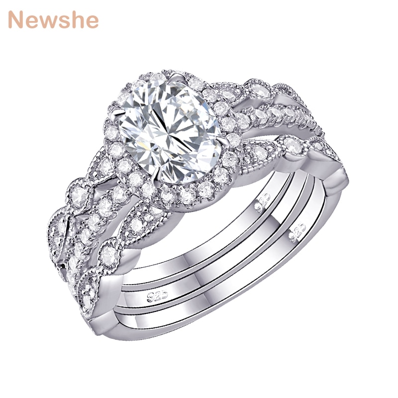 Newshe Solide 925 Sterling Silber Hochzeit Engagement Ring Set Für Frauen Oval Form AAAAA Zirkone Art Deco Bands Klassische Schmuck