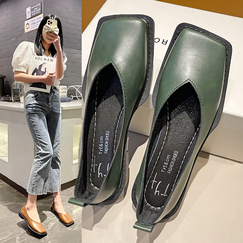 2023 Scarpe basse da donna Scarpe singole con punta quadrata Scarpe in pelle dal temperamento semplice Tacchi a punta tonda primaverili: green / 40
