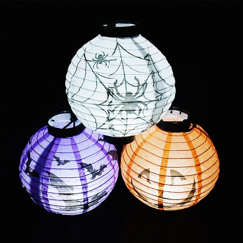1 stk 20cm flagermus edderkop kranium trykt rund form led papir lanterne græskar lys lampe hængende festival lanterne halloween dekoration