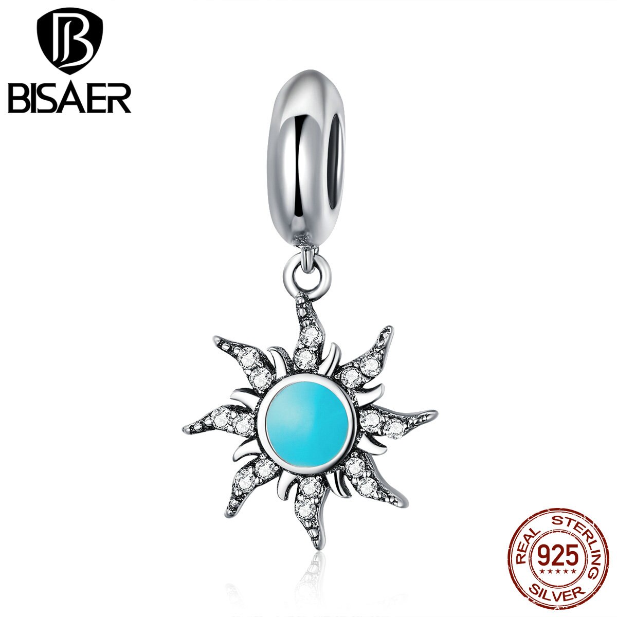 BISAER Vintage 925 Sterling Silver Sunny Sun Shape Lucky Charms Pendant fit for Bracelets Necklaces Silver Jewelry ECC1068