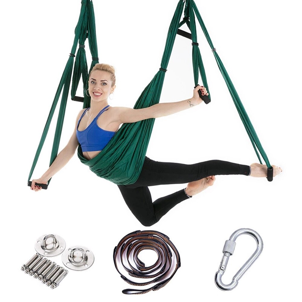 Komplet sæt 2.5*1.5m aerial yoga hængekøje anti-tyngdekraft nylon flyvende gynge pilates home gym hængende bælte loftplader: Sortgrøn