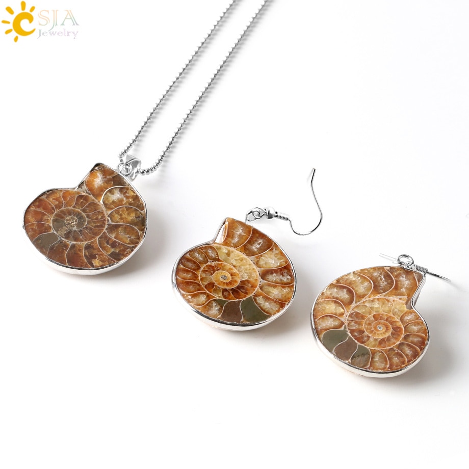 CSJA Natural Unique Ammonite Jewelry Set Fossils Necklaces Pendants Conch Shell Snail Spiral Dangle Earrings Pendants Sets E392