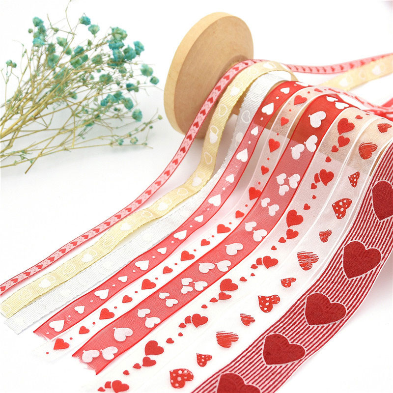 5/10M (1 Roll) Romantic Red White Heart printed Ribbon Organza Lace ribbon Riband for Sewing Wedding Wrapping Accessories