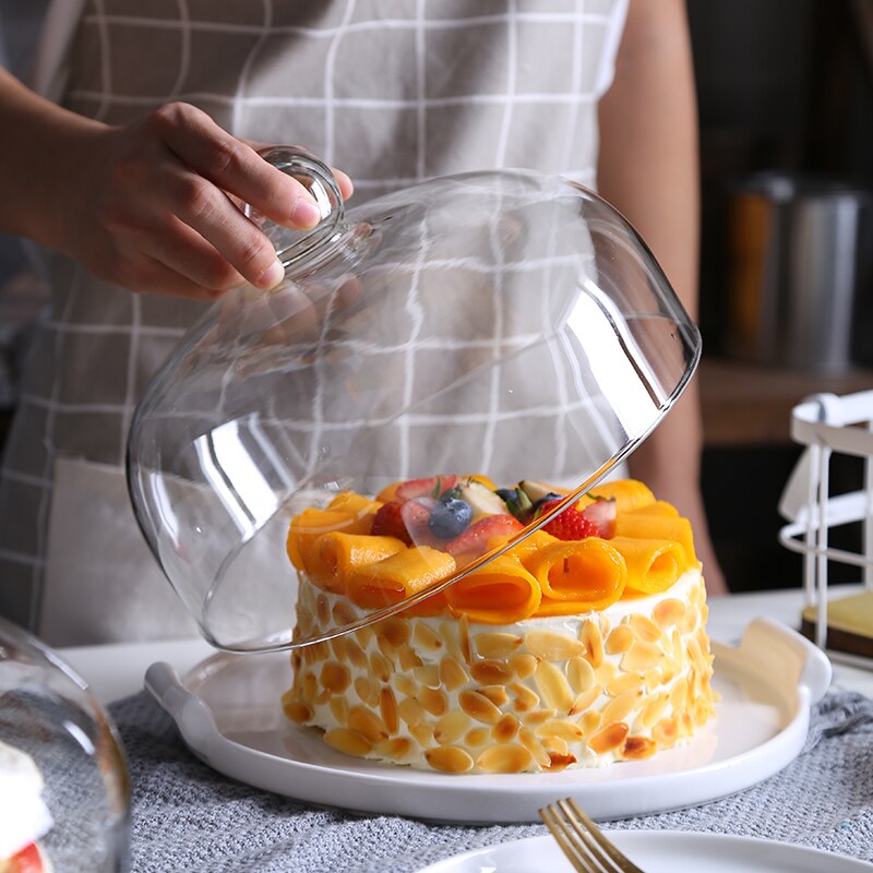 Keramische taartplaat glazen deksel dessert brood fruit dessertschaal bewaar schaal display standaard opbergschaal met deksel