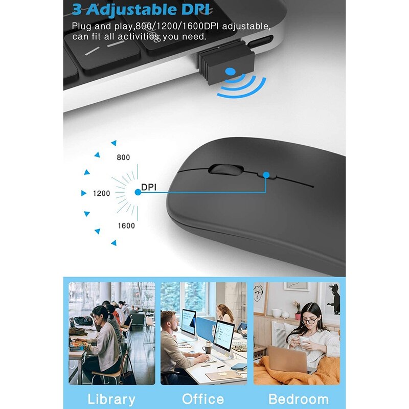 Wireless Mouse Rechargable,2.4G Ultra Silent Optical Mouse with USB and Type-C Receiver, for Laptop, (Black)