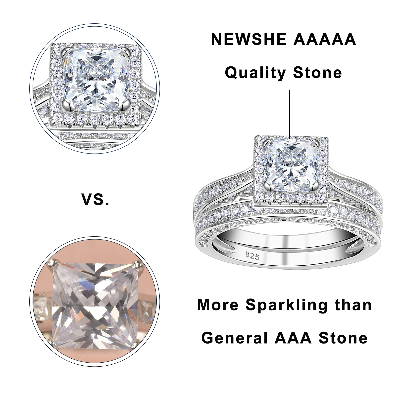 Newshe 2-teiliges Ehering-Set aus echtem 925er-Sterlingsilber, klassischer Schmuck, 0,8 Karat, Princess-Schliff, AAAAA-CZ, Verlobungsringe für Frauen