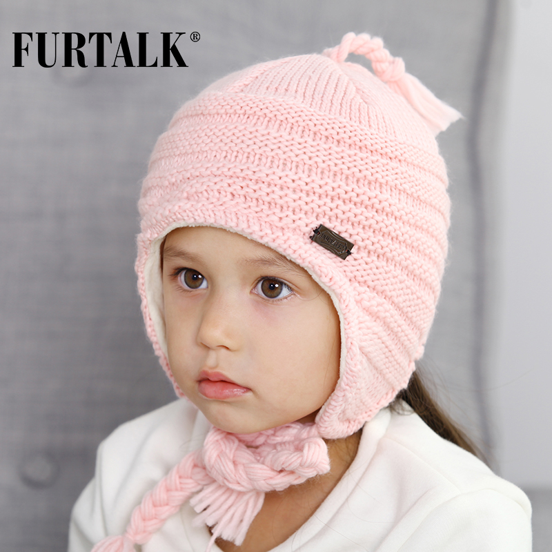 FURTALK Children Winter Hat with Ears Girls Boys pompom Hat Scarf Set for Baby Kids Knitted Earflap Hats Pink White Black Cap