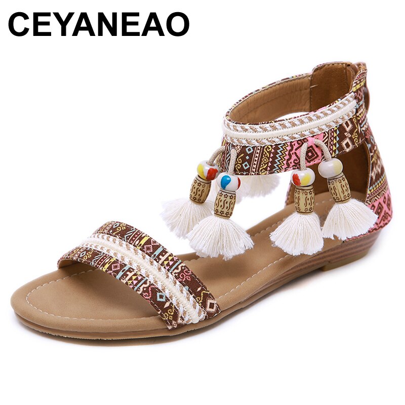 CEYANEAO kobiet czeski Boho sandały etniczne Totem Fringe Tassel ciąg koralik etniczne sandały klinowe HeelCasual płaskie buty Plus rozmiar
