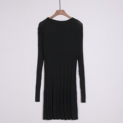 Knit Sweater Dress Women Autumn Winter Solid Stand Collar Long Sleeve Knitted Dress Sweater Vestidos Women Clothing: Black