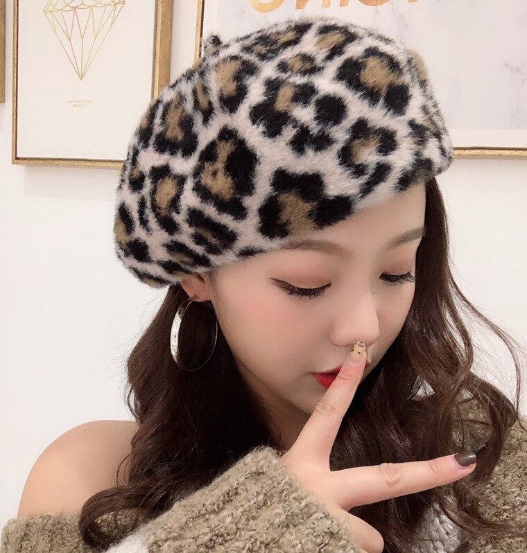 1pc Winter Warm Faux Wool Leopard Beret Women Girls French Artist Beanie Hat Cap Kawaii Leopard Flat Top Caps Warmers