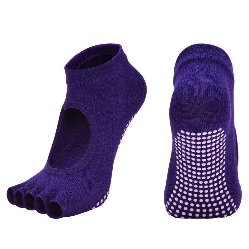 Breathable Backless Five Toe Yoga Socks Women Anti-slip Silicone Cotton GYM Dance Ballet Pilates Ladies Sports Slippers: Purple