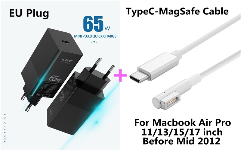 Travel 65W GaN USB C PD MagSaf* Power Adapter Fast Smart Mobile Phone Quick Charger For Laptop Macbook iphone Xiaomi Huawei: EU With MagSafe