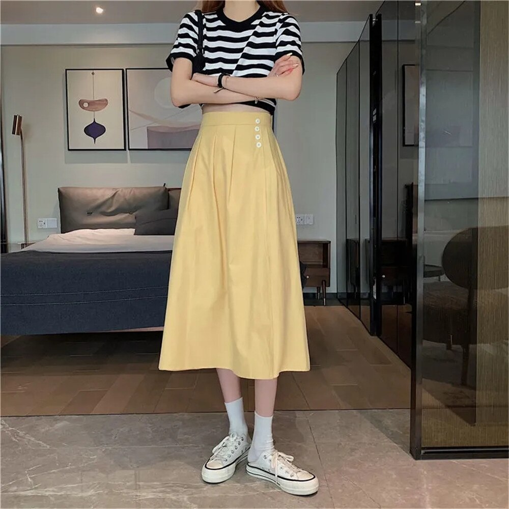 Letnia jednokolorowa plisowana spódnica wysokiej talii guziki żółte niebieskie białe długie spódnice damskie koreańskie Casual dzikie spódnice trapezowe Streetwear: YELLOW / XL