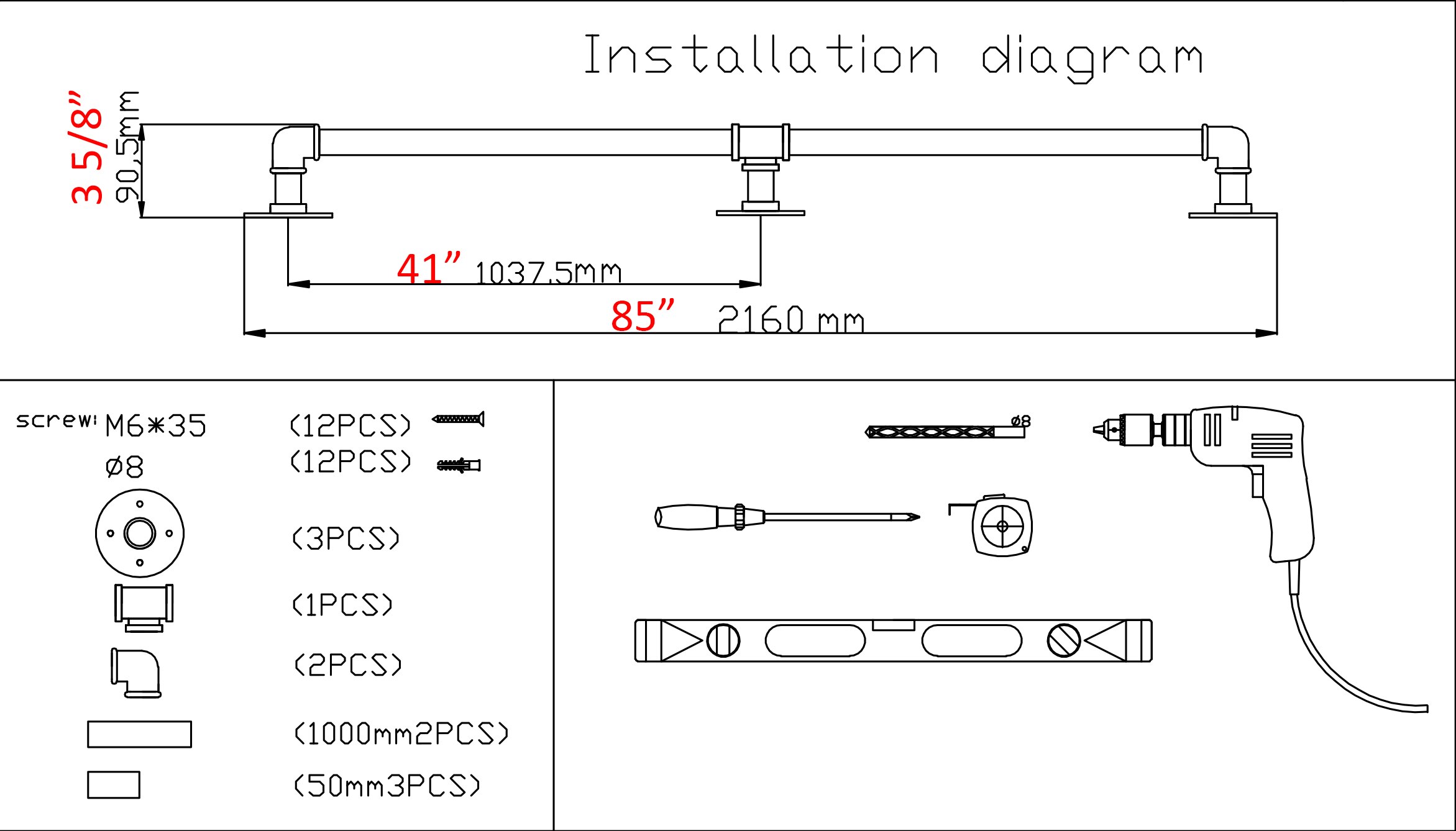 DIYHD 5FT-11FT Stair Black Pipe Handrail With 3 Wall Mount Support Loft Stair Handrail