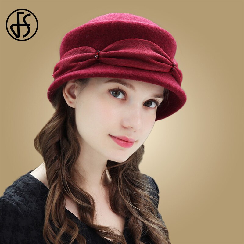 FS Vintage rosa mujer Lana Cloche gorra redonda invierno Fedora cubo Beige vino rojo Bowler sombrero chica gorras: Wine Red