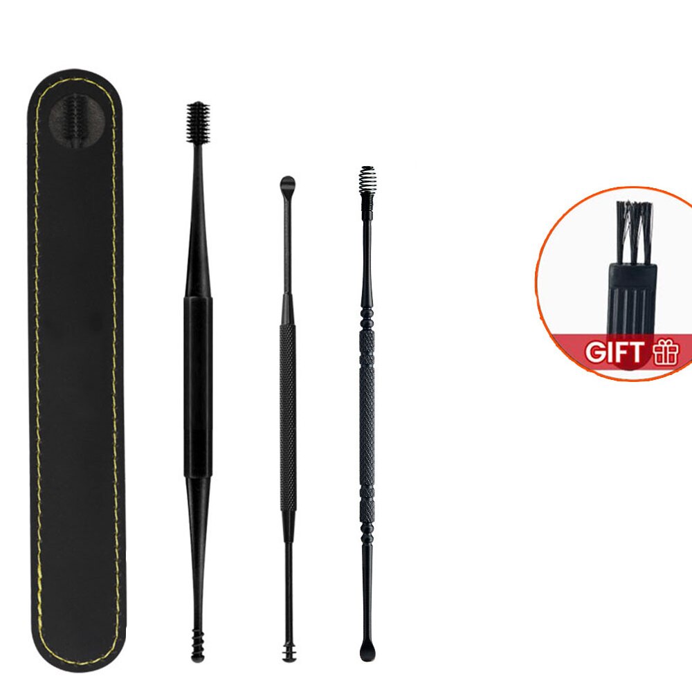 Silicone Ear Care Kit Earpick set Canal Cleaner Earwax Ears Cleaning Stick Tools Massage Removal Wax Earwax Ear Cleaner Spoon: 3Pcs-Black