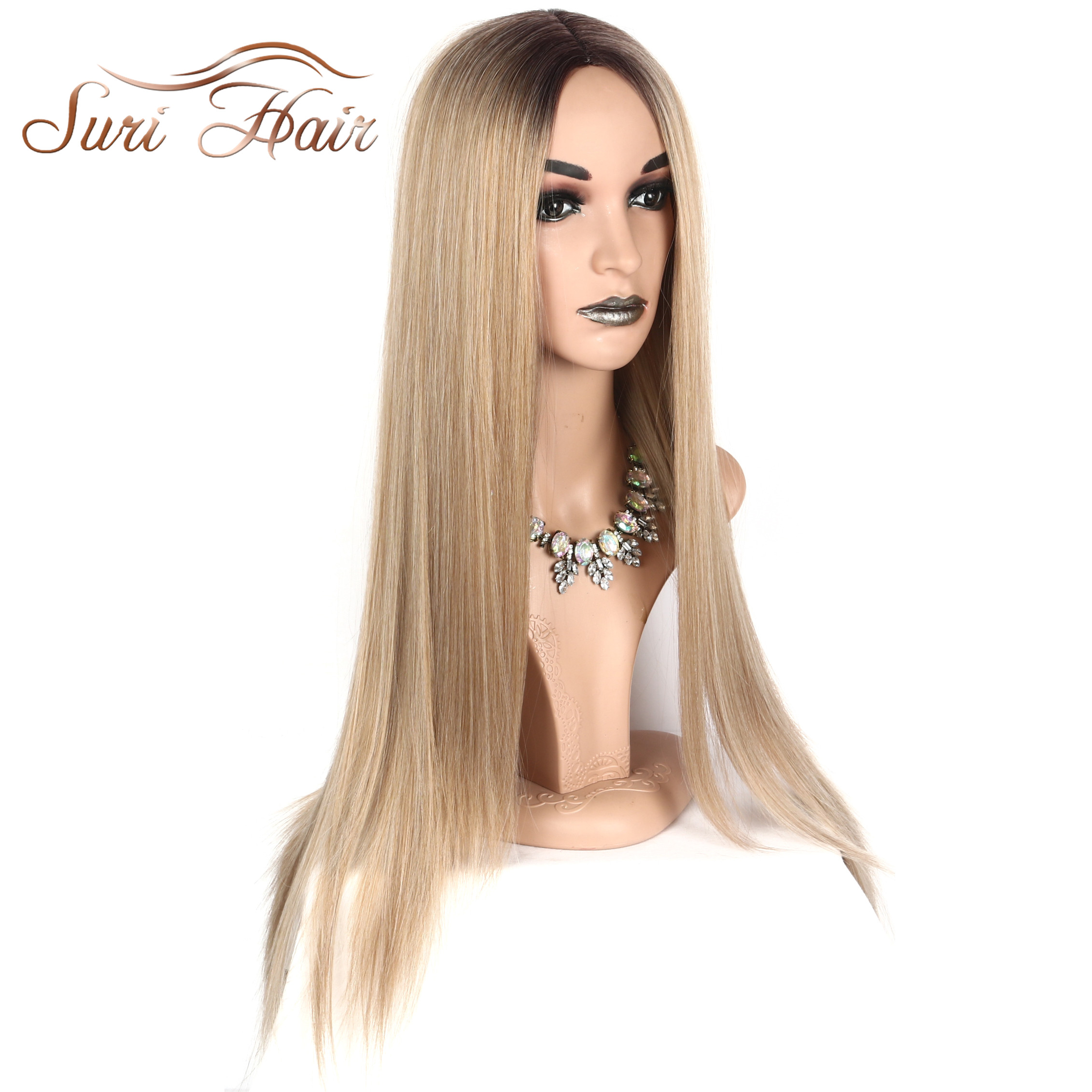 Suri-Peluca de pelo largo liso para mujer, pelo largo sintético resistente al calor, color rosa ombré, dos tonos, 30 pulgadas, negro, marrón, azul, 7 colores