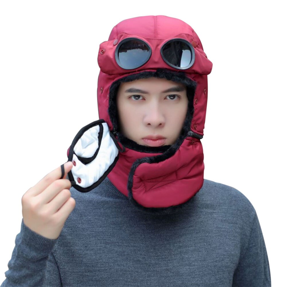 Winter Trooper Hat for Men and Women with Goggles Mask Scarf Warm Windproof Ear Flap Trapper Hat: Red