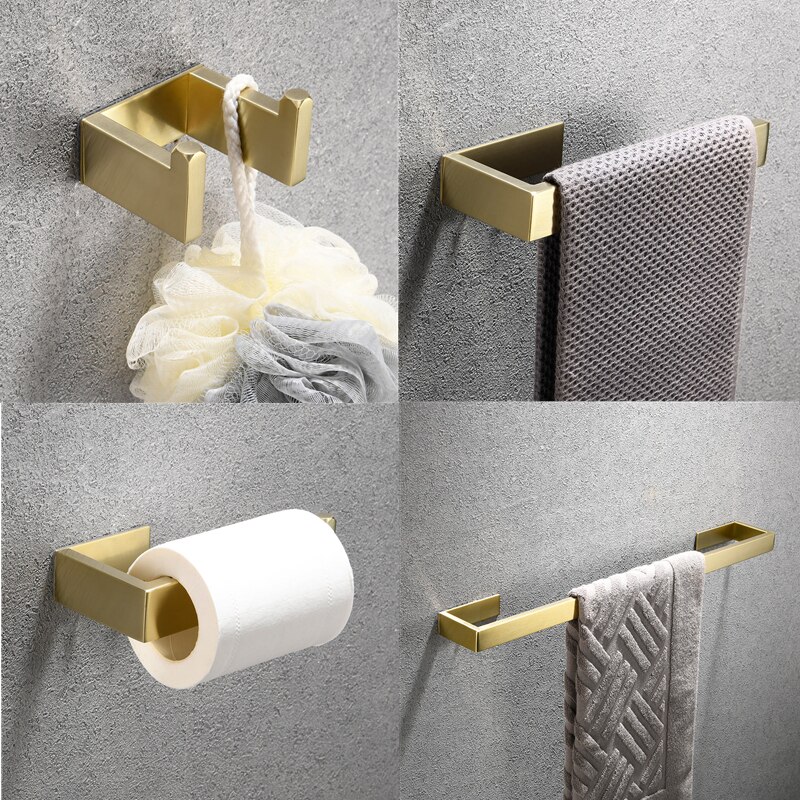 Wall Mounted Geborsteld Goud Handdoek Bar Kapstok Handdoek Ring Papier Houder 304 Roestvrij Staal Lijm Badkamer Accessoires Set