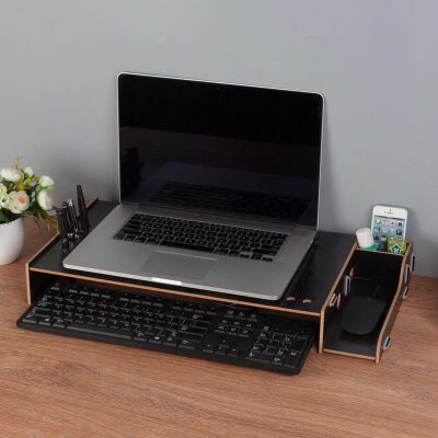 Soporte de madera para ordenador portátil, caja de almacenamiento de escritorio de oficina, Base de pantalla de Monitor, estante de almacenamiento: Negro
