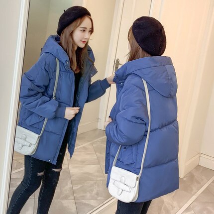 Vinterjacka för kvinnor huvkappa i koreansk stil dam dunjackor dam parkas fritidsjackor vindtät regntät: Dimma blå / L
