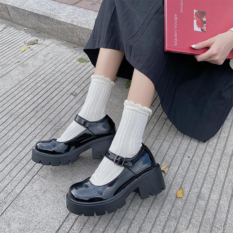 Women Pump Ladies Mid Heel Patent Leather High Heel Shoes Female Platform Shoes Woman Mujer Waterproof Buckle