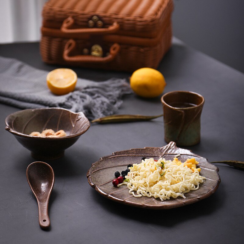 Japanese leaf shape bowl plate spoon ceramic tableware suit