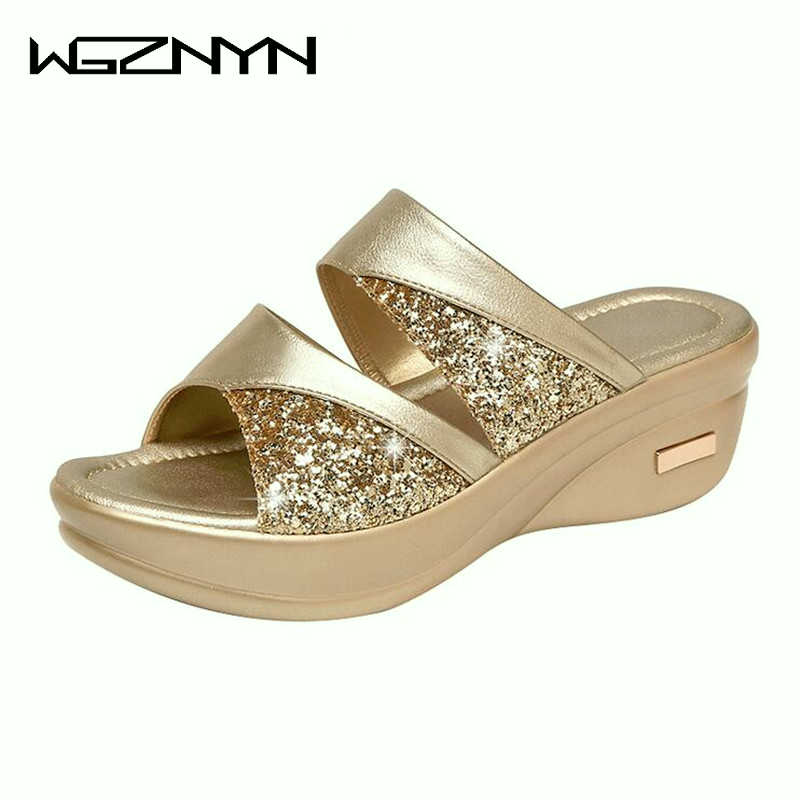 Zomer Bling Slipper Vrouw Schoenen Dames Pu Leer Wiggen Platte Schoenen Vrouwelijke Toevallige Slingbacks Sandalen Comfortabele Platform