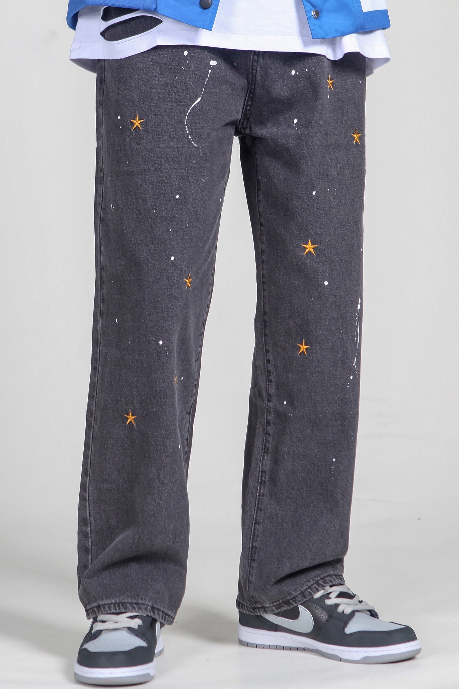 Iefb / herrkläder street splash-ink broderade lösa jeans trendiga raka vintage pappa byxor män hip hop jeansbyxor 9 y 4180