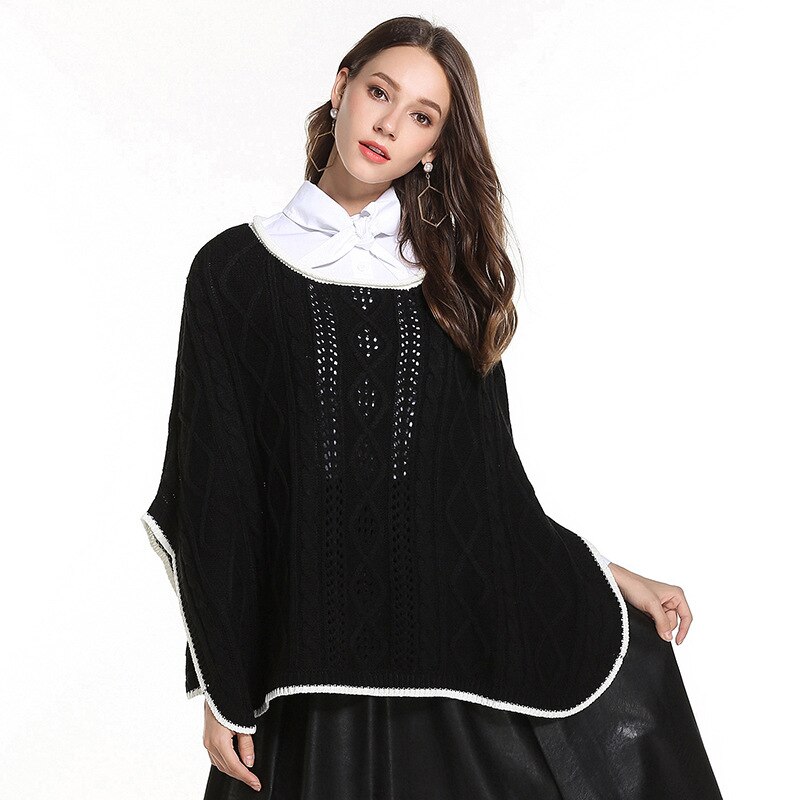 Mulheres Outono Wiinter Poncho Cloak Camisolas Solto Meia Manga Capa de Malha Escavar Pullovers Feminino Elegante Sólida Casaco Quente: Black