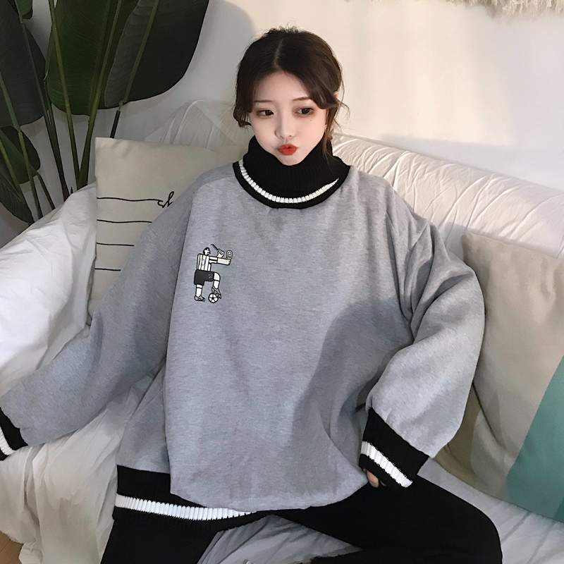 Sudaderas con capucha para mujer, con cuello alto holgado de gran tamaño, estampado a rayas, terciopelo grueso, de manga larga, con capucha para mujer, estilo informal coreano