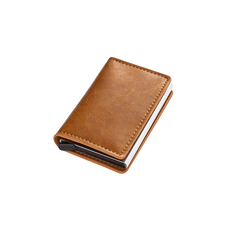 Mannen Metalen Kaarthouder RFID Aluminium Credit Kaarthouder PU Leather Wallet Antitheft Mannen Automatische Pop Up RFID portemonnee: Brown