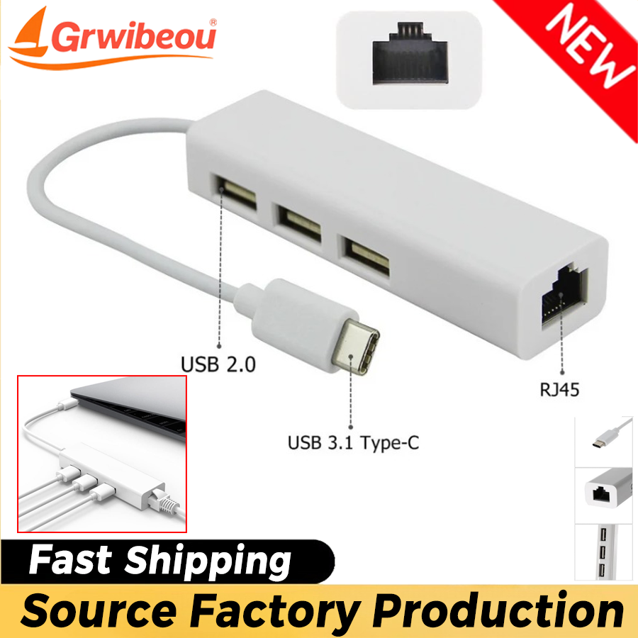 100 Mbps USB 3.1 HUB TYPE C Naar Ethernet Netwerk LAN Adapter RJ45 USB-C met 3 Poorten USB HUB Splitter voor MacBook Pro Laptop