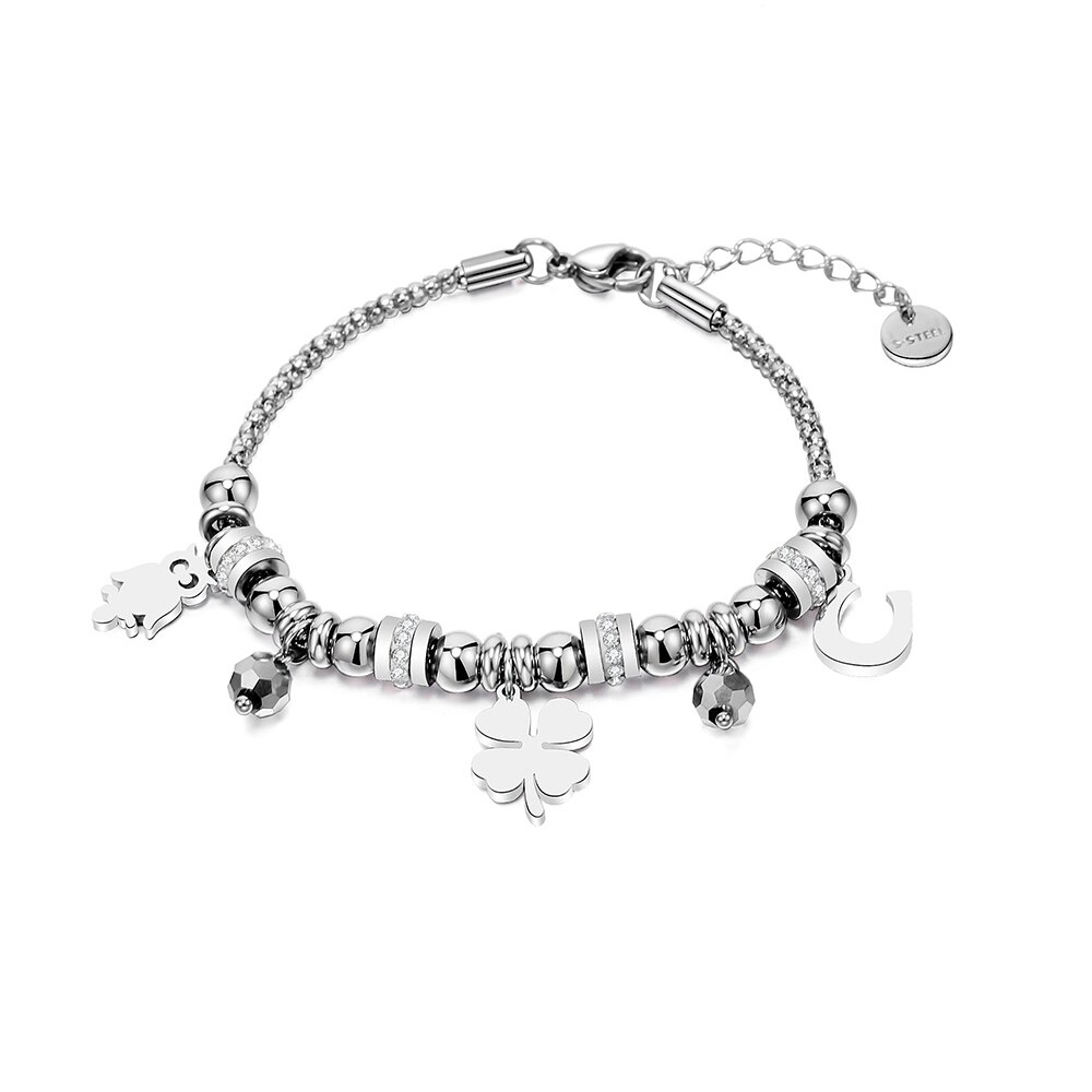 In Acciaio Inox Cat Luna Cuore Star Clover Pendenti E Ciondoli Braccialetto per Le Donne Perline di Cristallo Del Braccialetto di San Valentino Regali Gioelleria Raffinata E Alla Moda: BS43