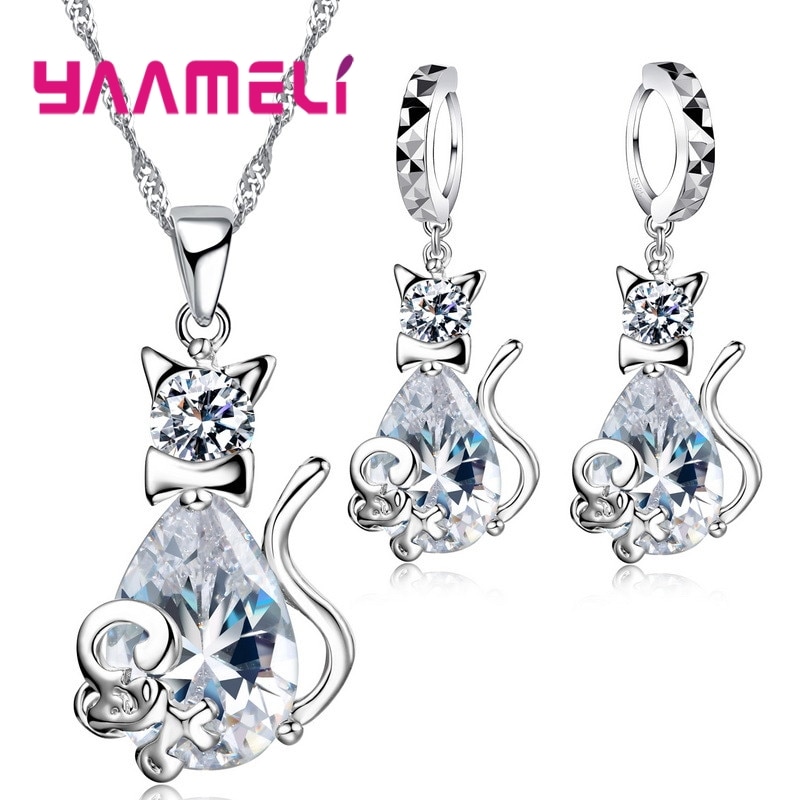 Lovely Christmas Birthday for Girls 925 Sterling Silver Shining Cubic Zircon Cute Cat Pendant Necklace Earrings Jewelry Set