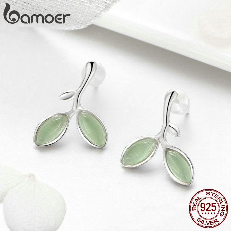 Bamoer real 925 prata esterlina esperança folhas árvore brotos verdes pequenos brincos para as mulheres autêntico jóias de prata sce465