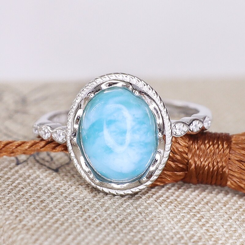 Haiwen Stone Ring Larimar Cute Personality Adjustable Geometry Round Ring Fine Jewelry For Women Party