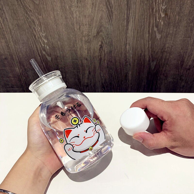 500ml chat chanceux bouteille en plastique sans BPA dessin animé Transparent/givré bouteilles d'eau étanche Drinkware mignon étudiant tasse: 1