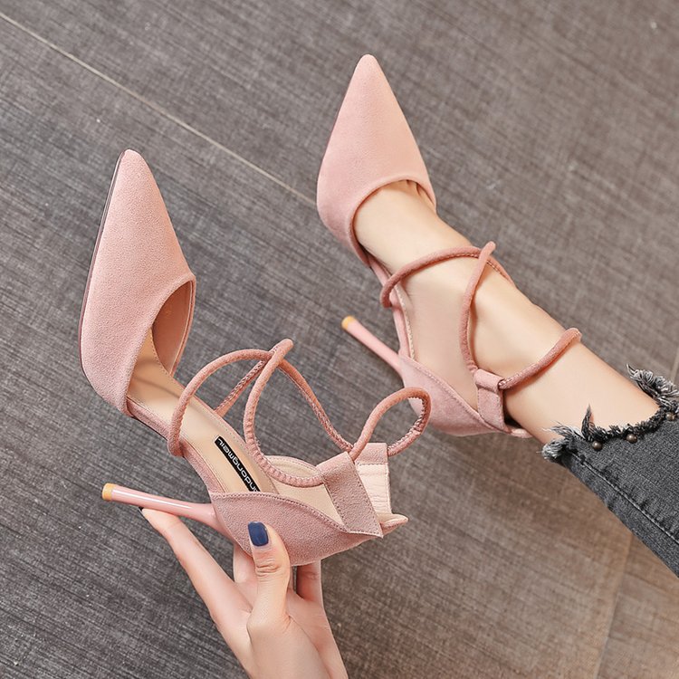 2024 nuevas sandalias romanas con tiras cruzadas, Zapatos De tacón alto De gamuza para Mujer, sandalias puntiagudas De tacón fino con hebilla De una línea, Zapatos De Mujer: Beige / 40