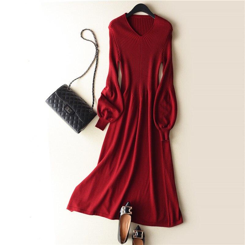 spring Latest style Women's Knitted Cashmere Wool Dress Long style Solid color V-collar Lantern sleeve: Burgundy